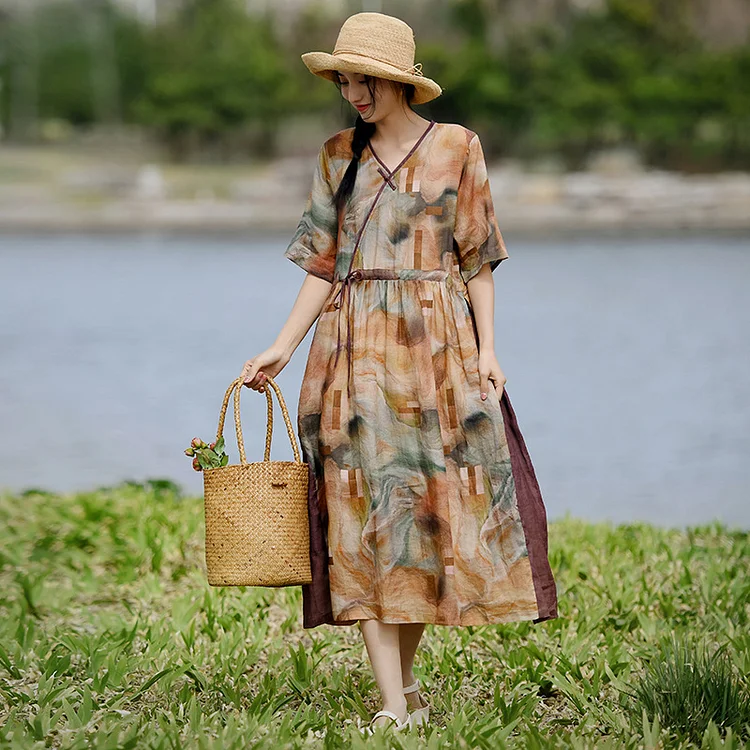Ethnic Style Cotton Linen Short Sleeve Midi Dress - yankia