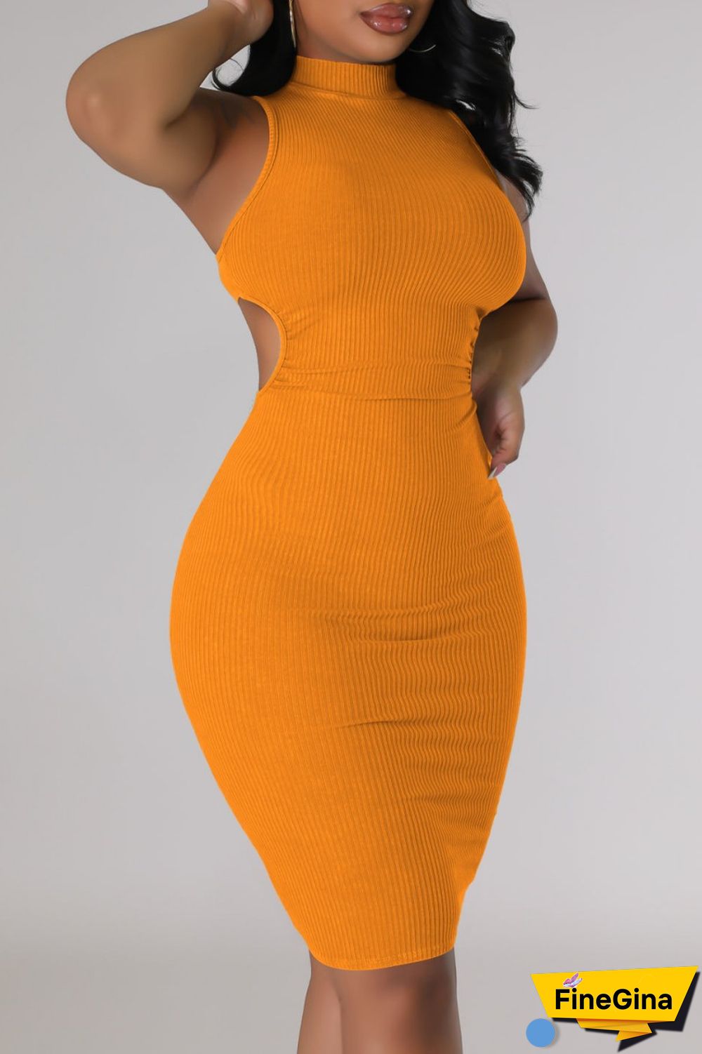 Cream White Casual Solid Hollowed Out Turtleneck Sleeveless Dress Dresses