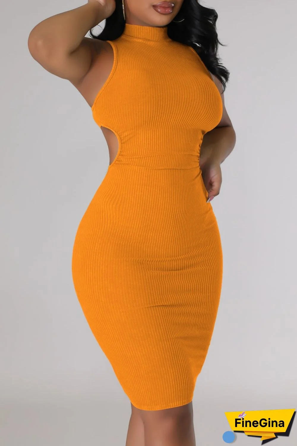 Cream White Casual Solid Hollowed Out Turtleneck Sleeveless Dress Dresses