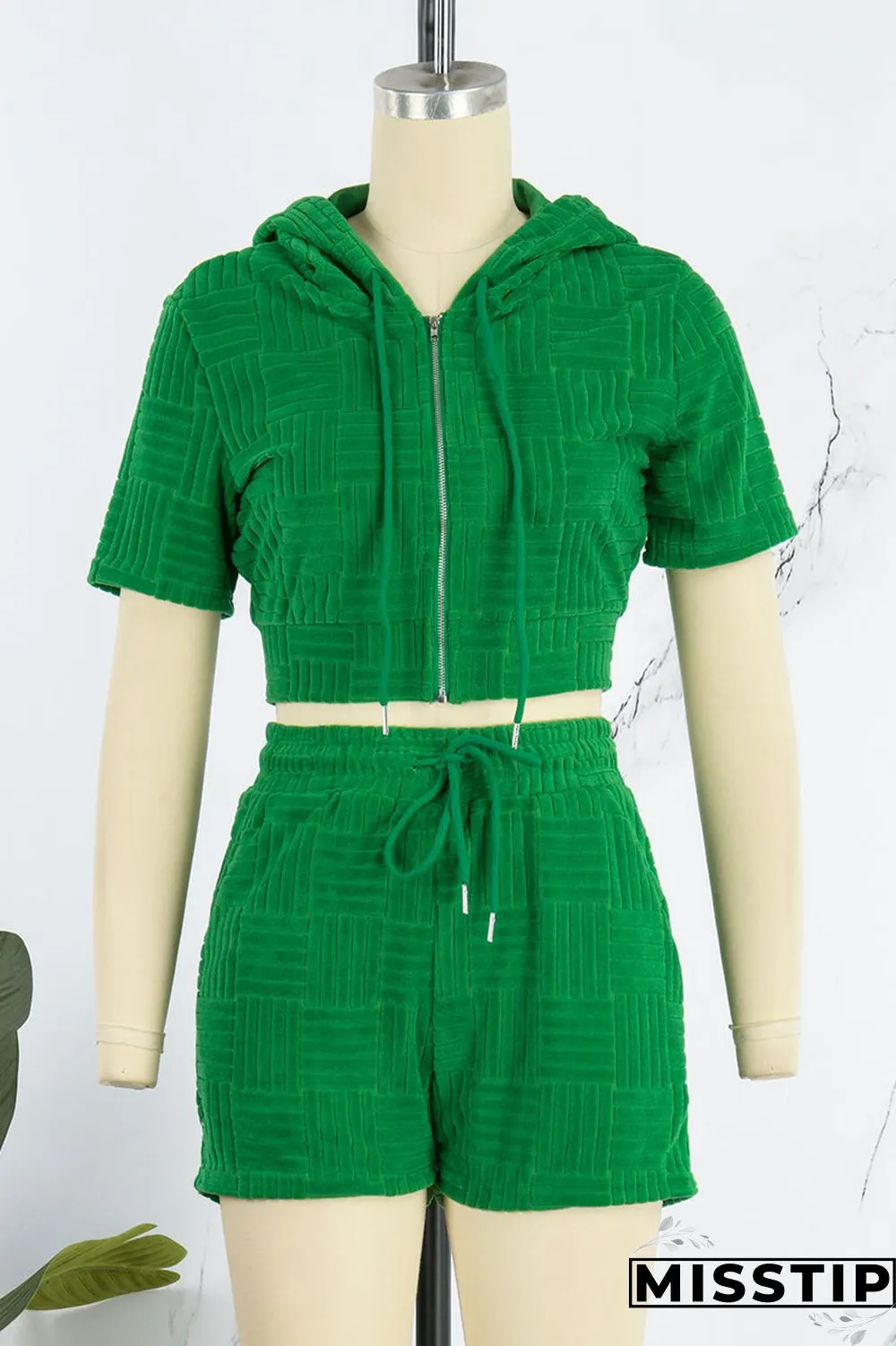 Green Casual Solid Patchwork Zipper Hooded Collar Short Sleeve Two Pieces