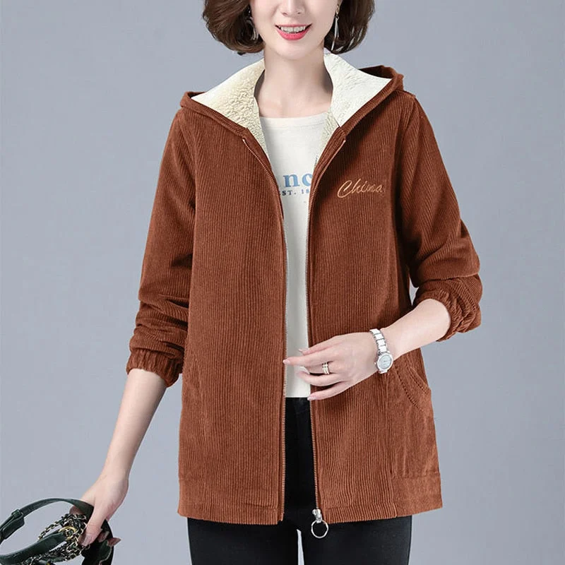 Zoki Warm Women Corduroy Coat Winter Thick Vintage Plus Size Pocket Zipper Female Jacket Hooded Loose Long Sleeve Lady Clothes