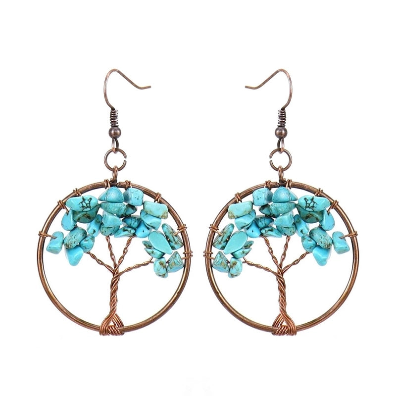 1 Pair Ethnic Style Pastoral Tree Hollow Out Natural Stone Copper Drop Earrings