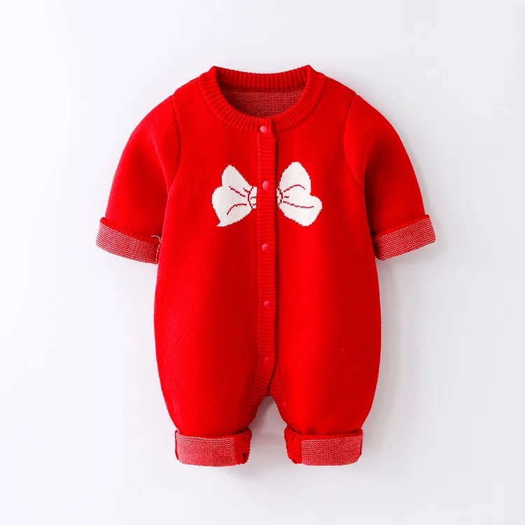 2pcs Baby Boy/Girl Bowknot Graphic Long Sleeve Knitted Romper with Hat Set