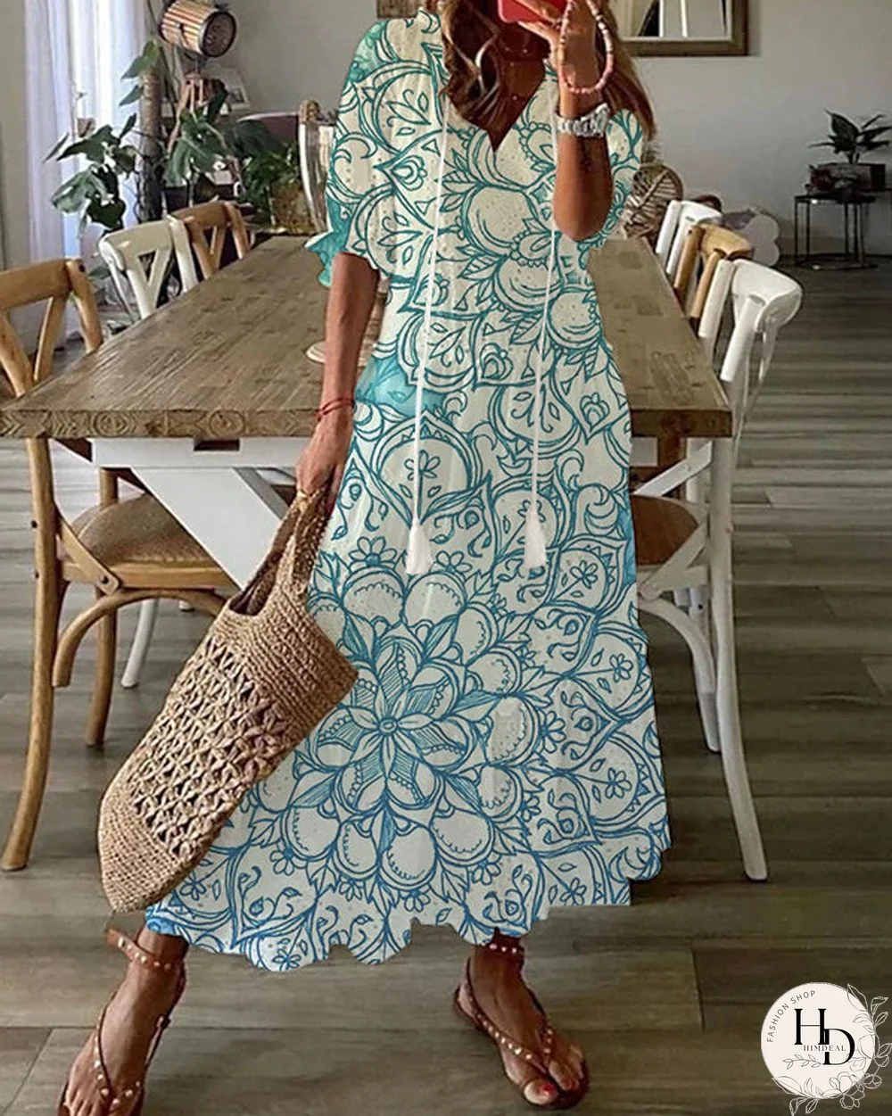 Bohemian V-Neck Print Drawstring Short Sleeve Midi Dress