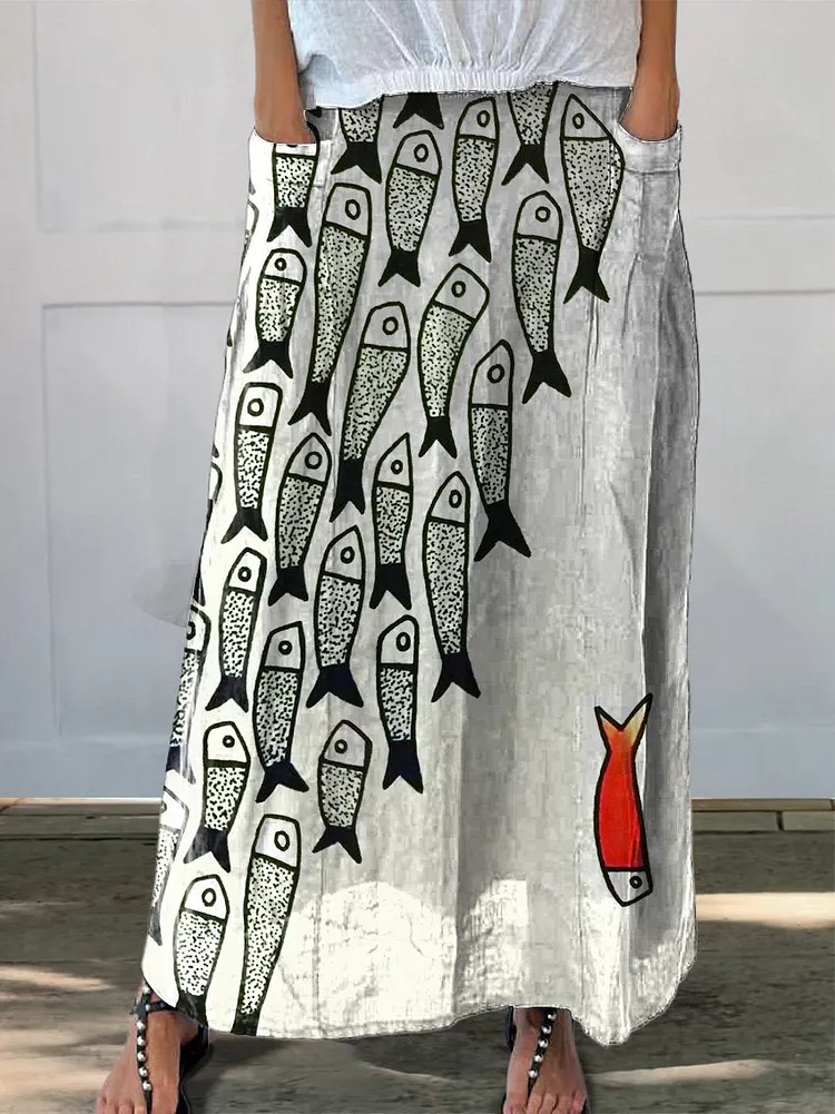 Women Spring Artsy Cat Fish Embroidery Denim Skirt