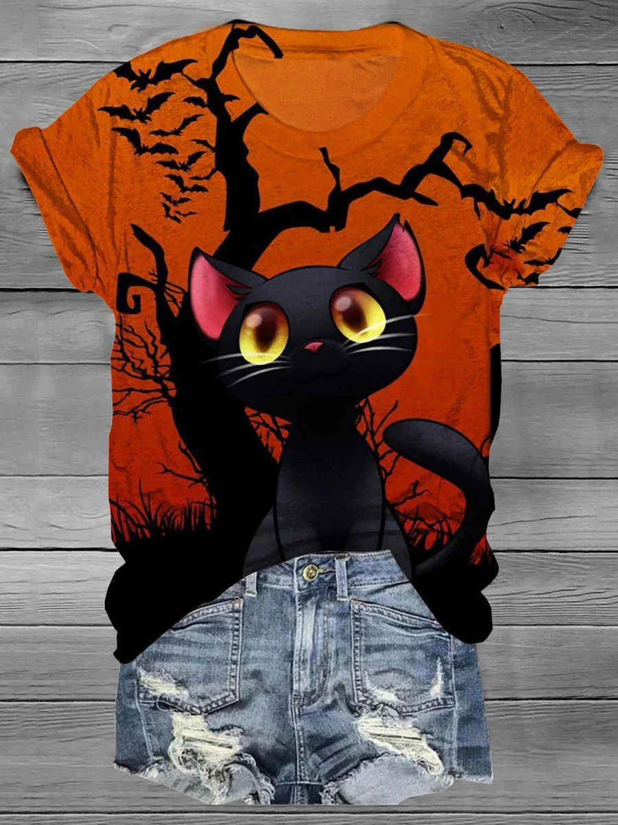 Halloween Black Cat Round Neck T-shirt