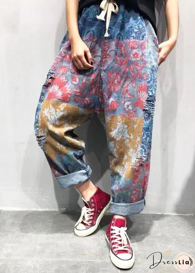 Plus Size Blue Print Tie Waist Ripped Wide Leg Pants Summer