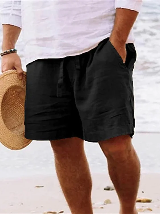 Men's Plain Straight Leg Cotton And Linen Beach Shorts