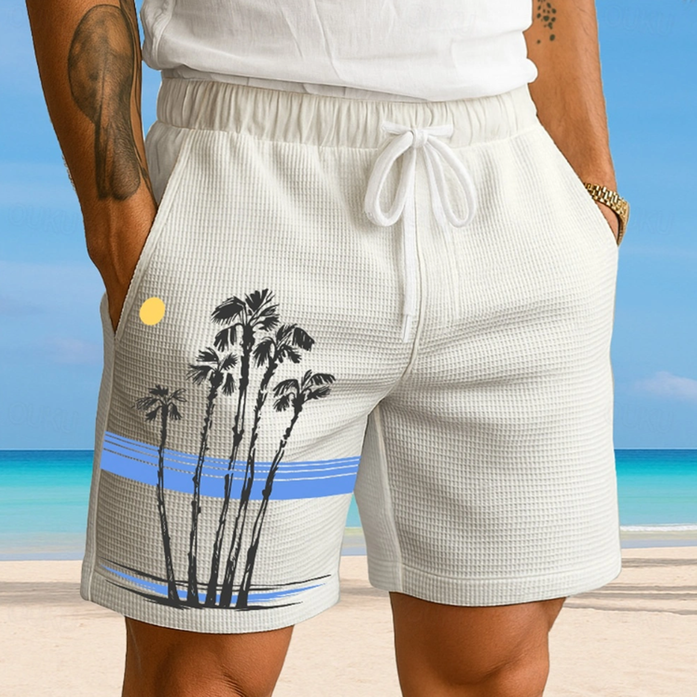 Men's Beachside Palm Tree Shorts With Sun Design