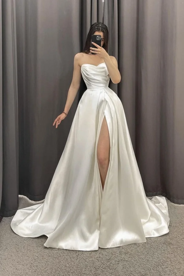 Elegant A-Line Off- the- Shoulder Sweetheart Satin Wedding Dress With High Split YL0326