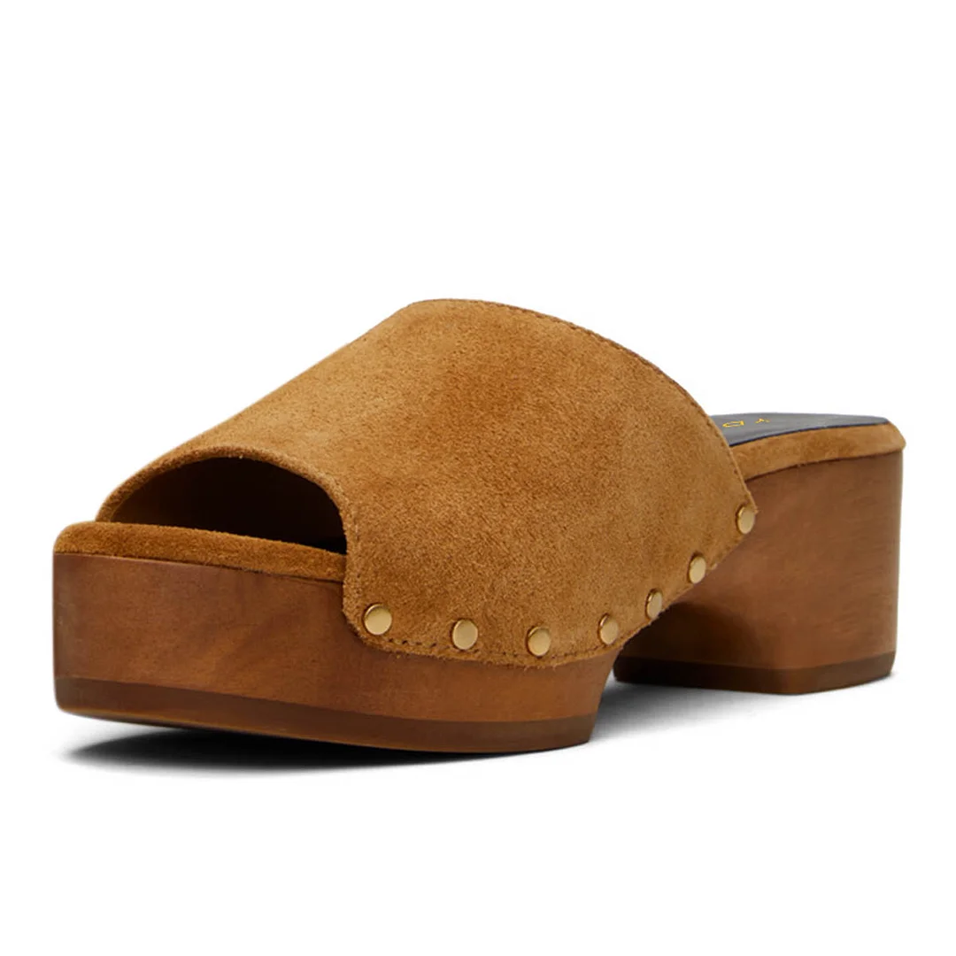 Tan Vegan Suede Chunky Heel Stud Decor Platform Slide Sandals