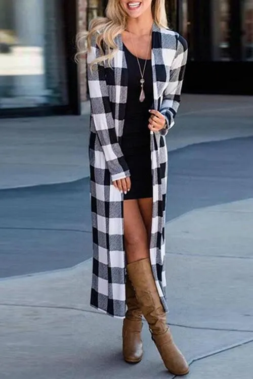 Casual Long Sleeve Plaid Cardigan