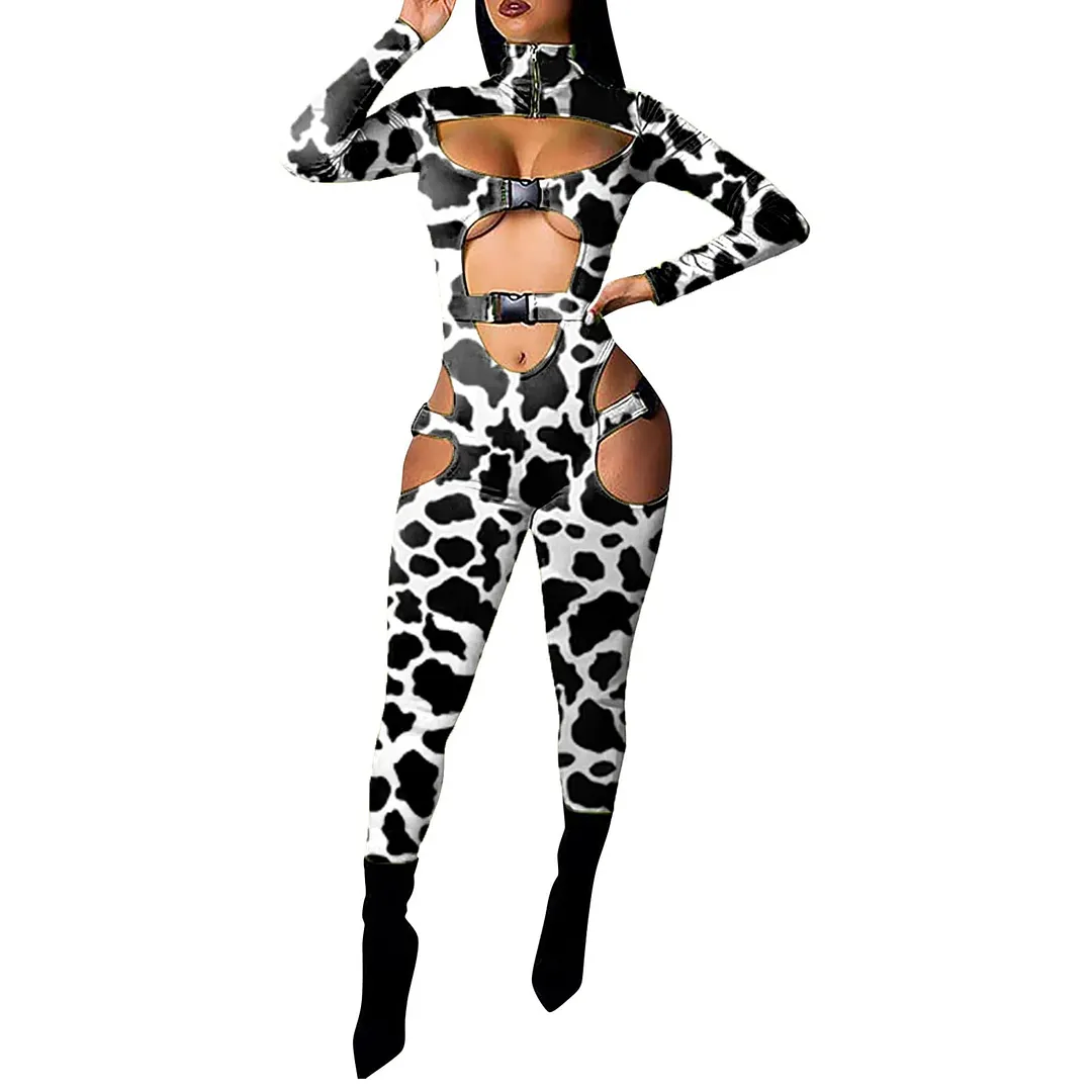 Sexy Women Bodycon Jumpsuit Solid Color Overalls Long Sleeves Rompers Bodysuits High Neck Hollow Out Buckle Biker Short Clubwear