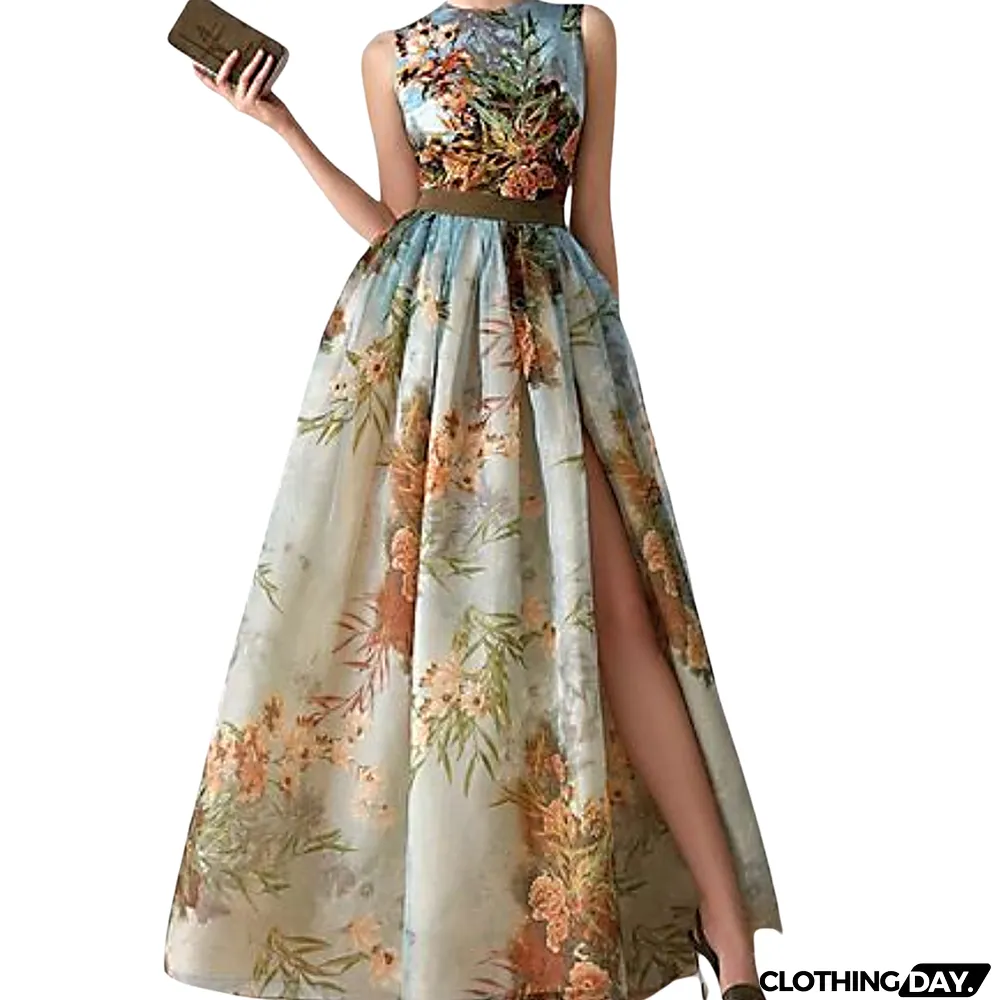 Women Print Sleeveless O-neck Side Split High Wedding Guest Dresses