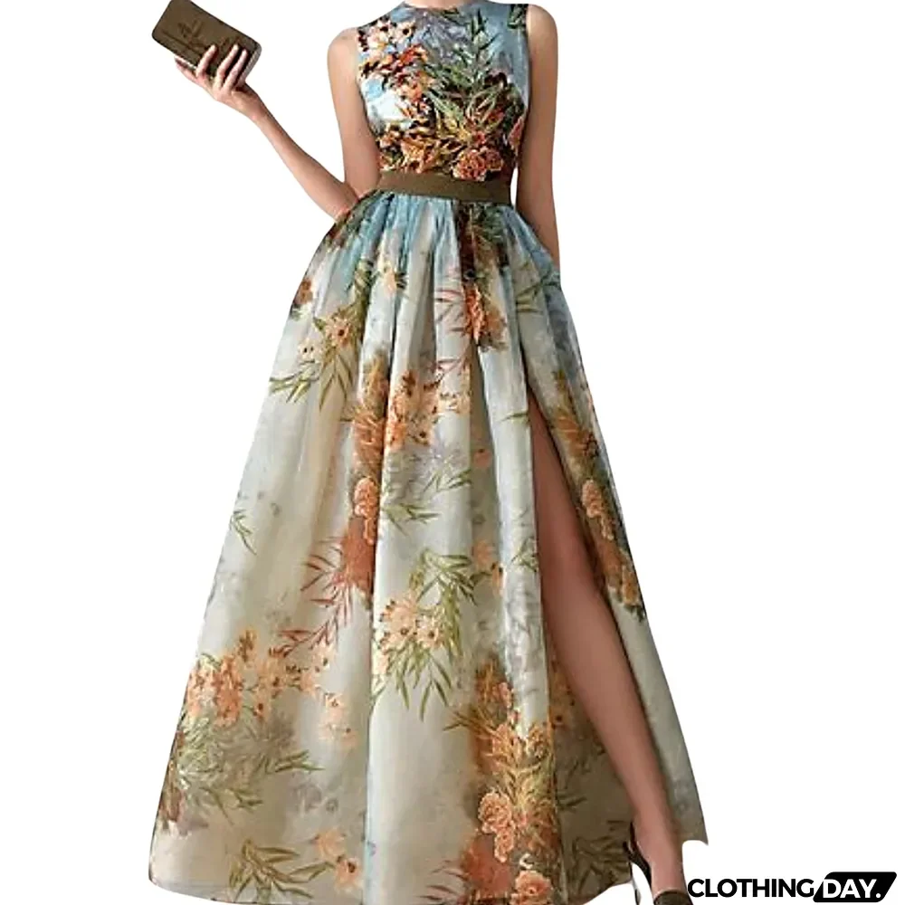 Women Print Sleeveless O-neck Side Split High Wedding Guest Dresses