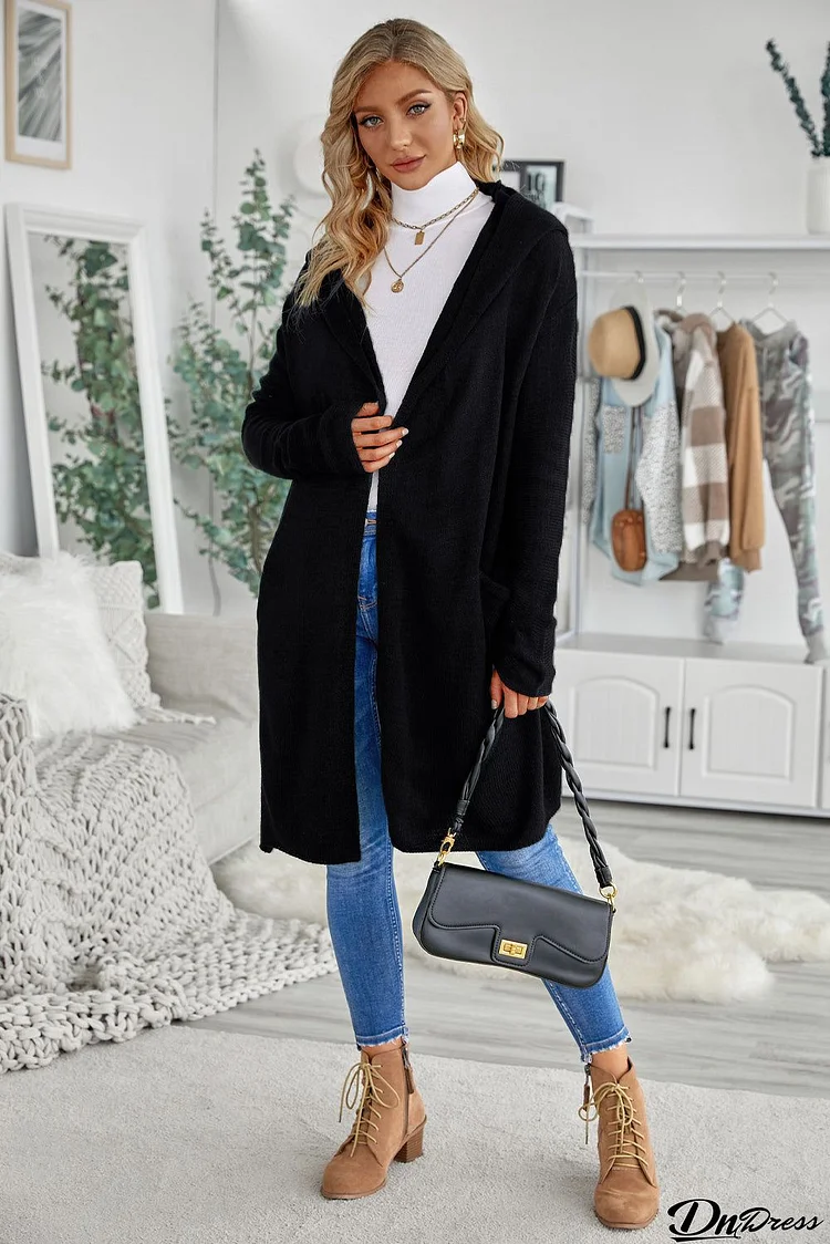 Winter Casual Black Open Front Hooded Sweater Cardigan