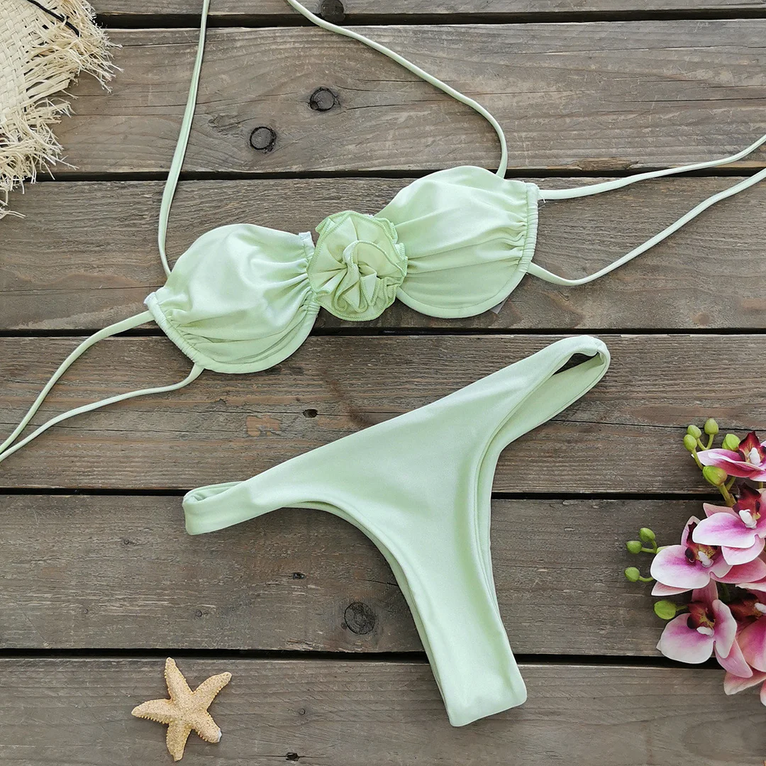 Churchf Multi-Color Solid-Colored Breast-Plate Three-Point Low-Rise Bikini Sexy 2025 New Split Swimsuit Woman