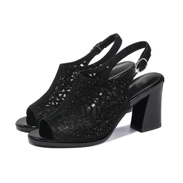 Women Peep Toe High Heels Mesh Hollow Out Pumps Sandals Crystal Back Strap Party Shoes