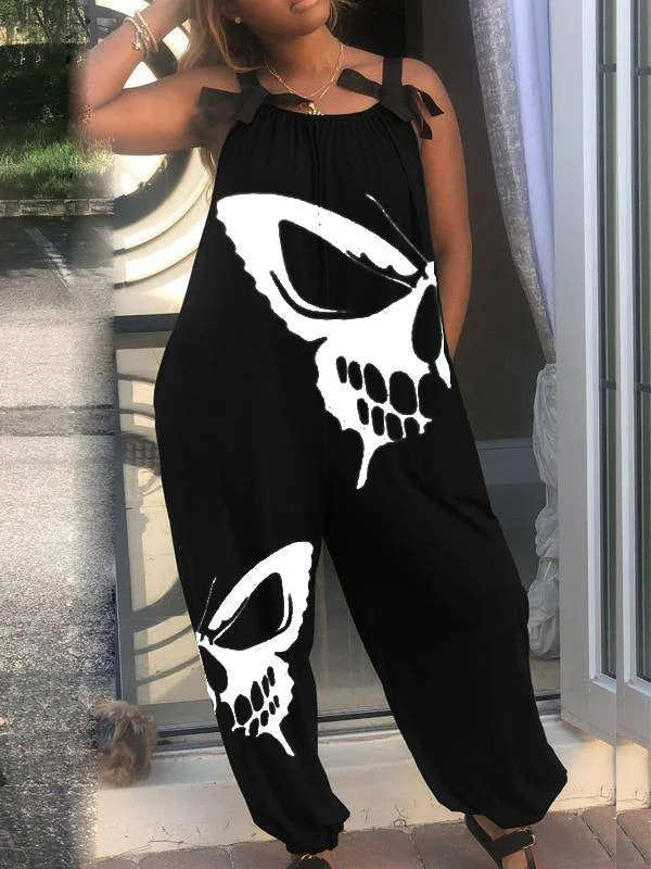Butterfly Skull Print Lace Up Plus Size Jumpsuit
