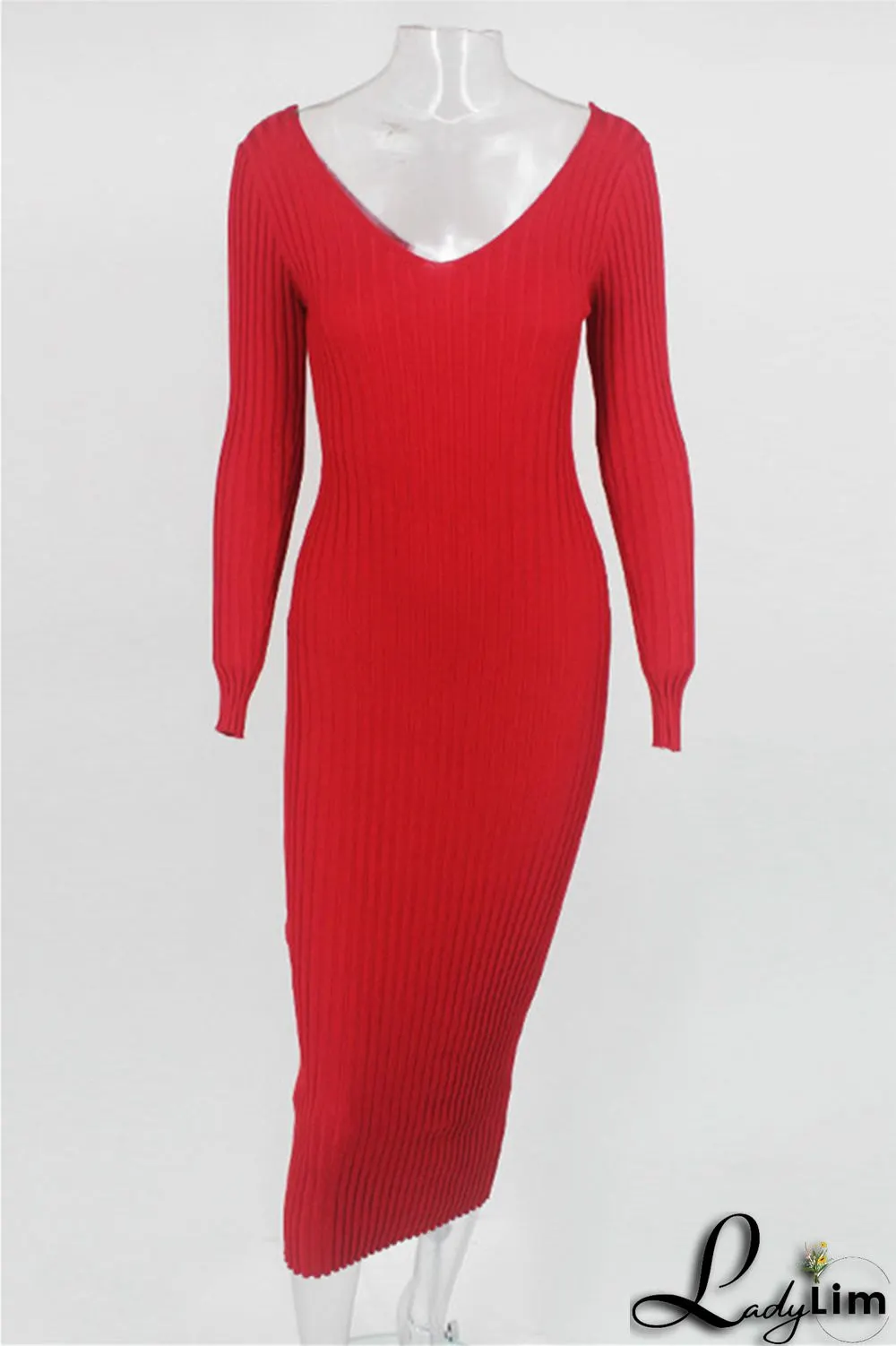 Black Fashion Casual Solid Basic V Neck Long Sleeve Dresses