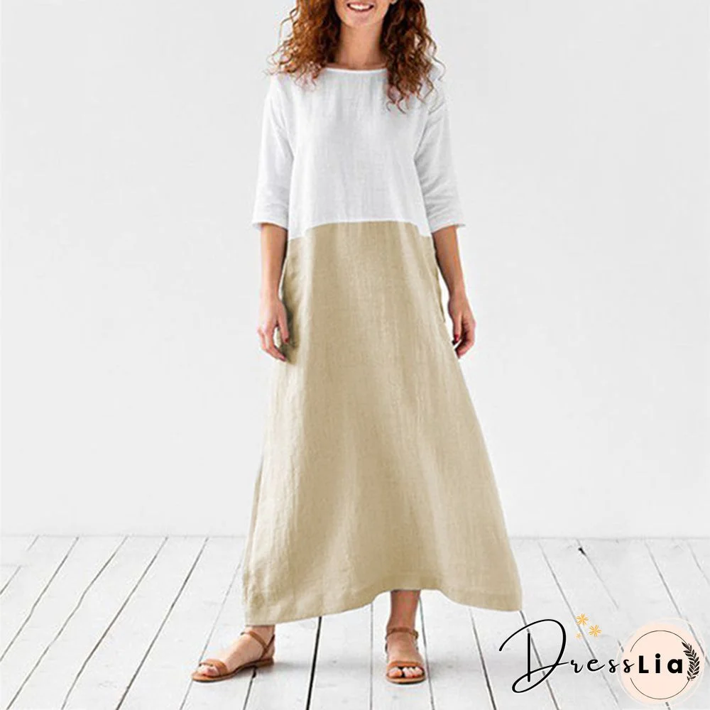 Loose Solid Cotton Linen Patchwork Dress Round Neck Seven Sleeve Skirt