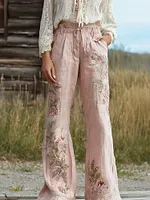 Vintage Boho Pink Roses Embroidered Cozy Linen Pants