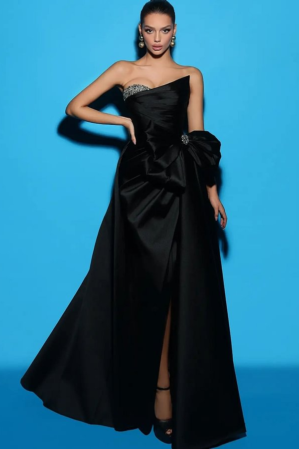 Lisliy Black Strapless Split Stain Sleeveless Prom Dress