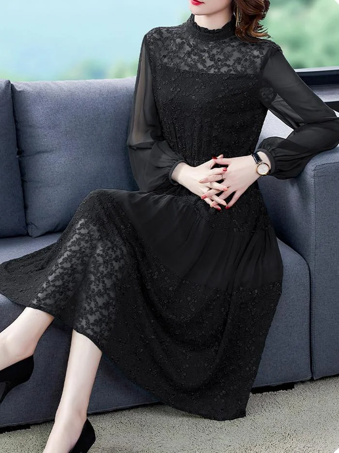 Stand-up Collar Lace Waist Embroidered Silk Dress