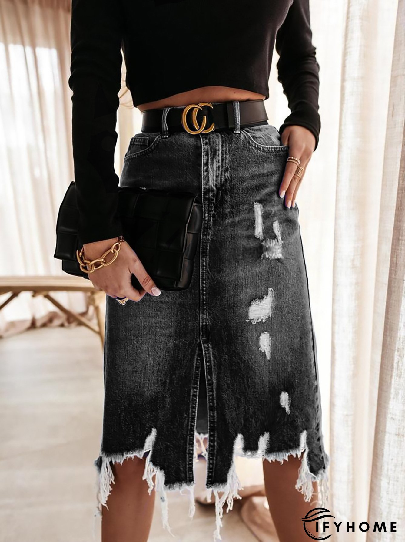 Spring Summer Women's High Waist Front Slit Denim Long Skirt | IFYHOME