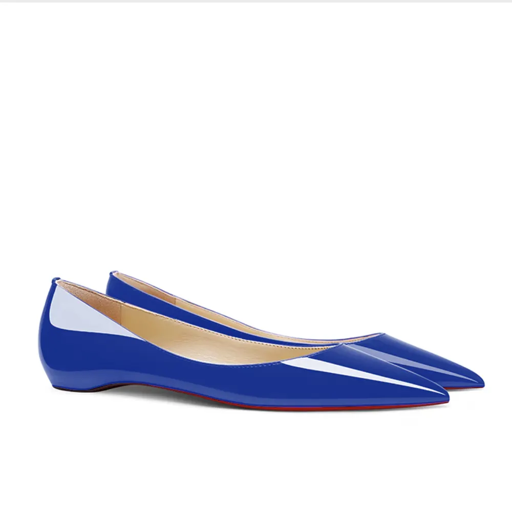 Women's Red Bottom Flat Shoes Pointed Toe Solid Color Patent Leather Shoes-vocosishoes