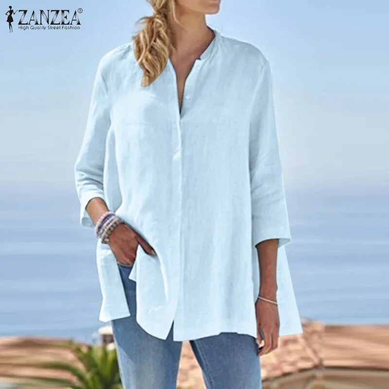 Women's Summer Blouse ZANZEA 2022 Elegant Solid Tops Casual 3/4 Sleeve Button Blusas Female Side Split Tunic Chemise  7