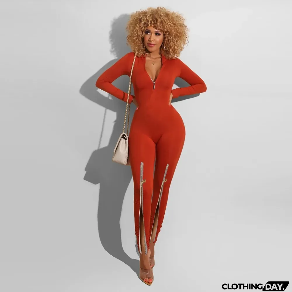 Autumn Sexy Zippers Slit Long Sleeve Bodycon Jumpsuit
