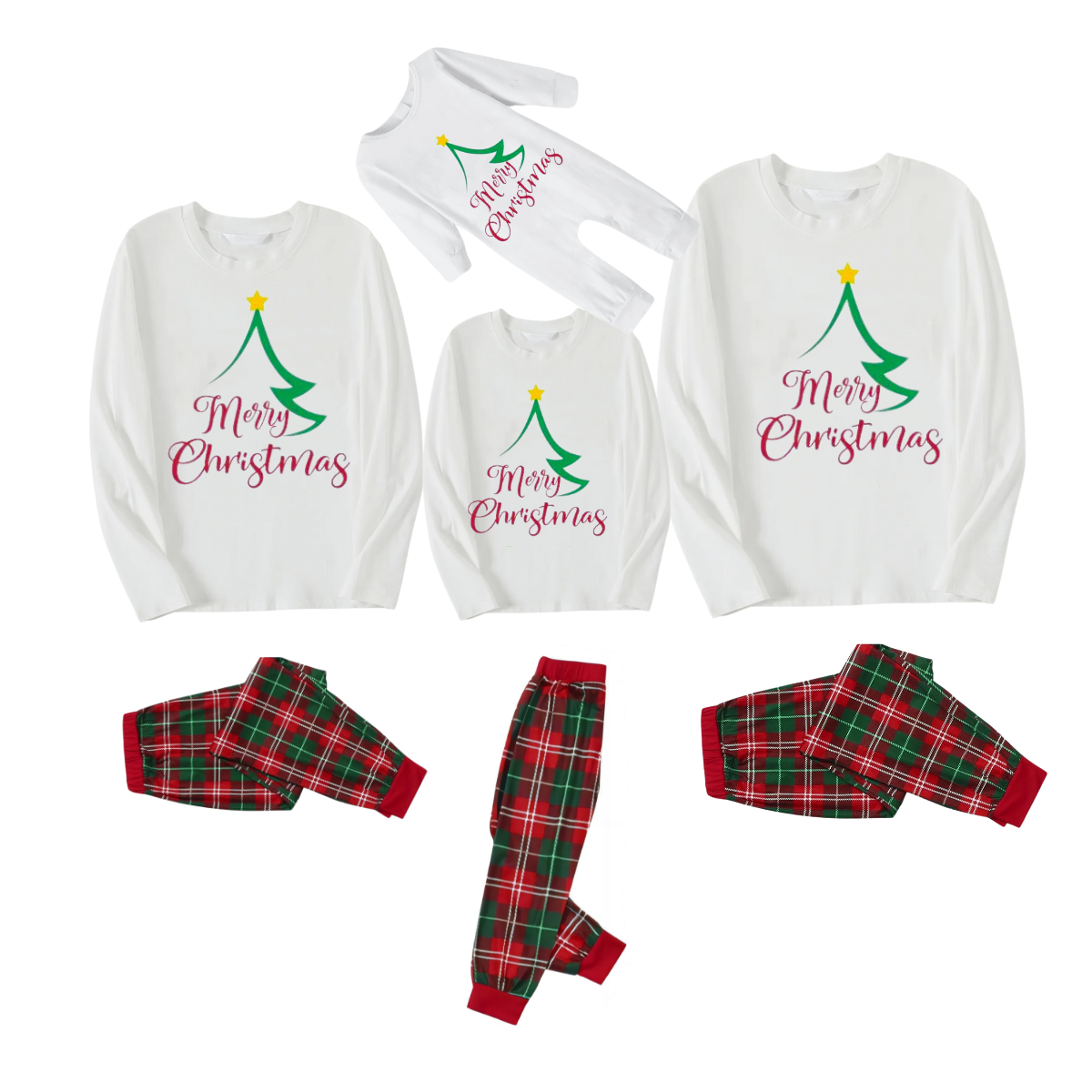 Christmas Tree of Shape with Stars and "Merry Christmas" Artistic Font White Long Sleeve Top with Red & Green Plaid Pants Family Matching Pajamas