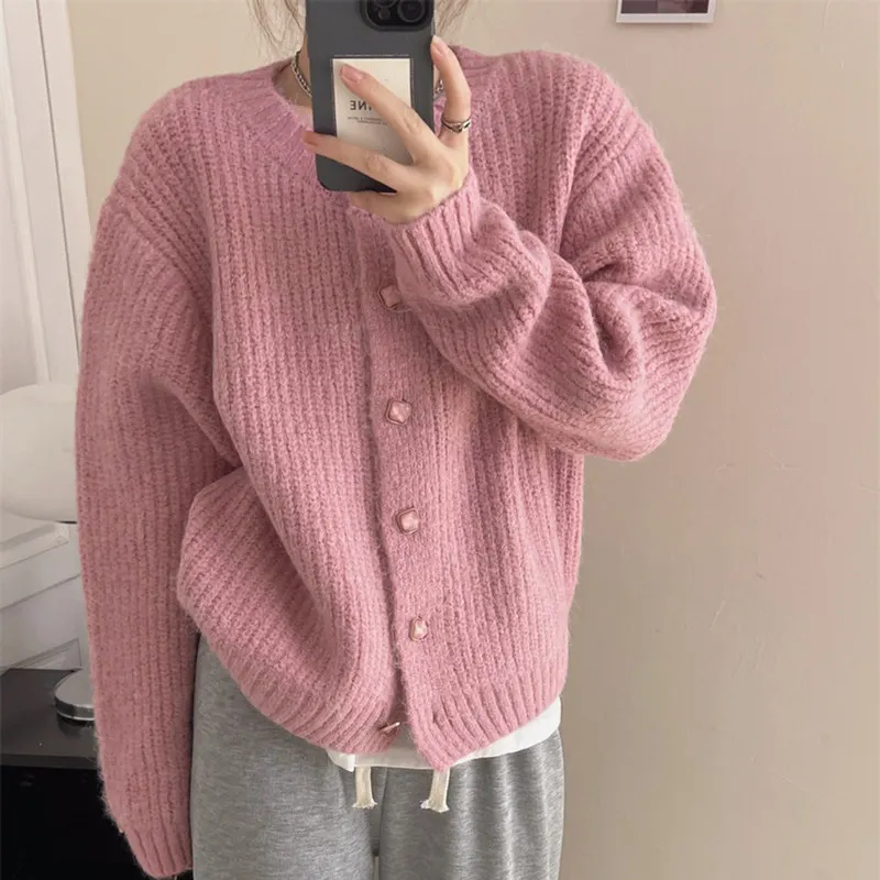 Churchf Churchf Wind Korea Is Loose Sweater Coat 2024 Autumn Winter New Style Temperament Pure Color Stripe Adds Thick Knitting Cardigan Female