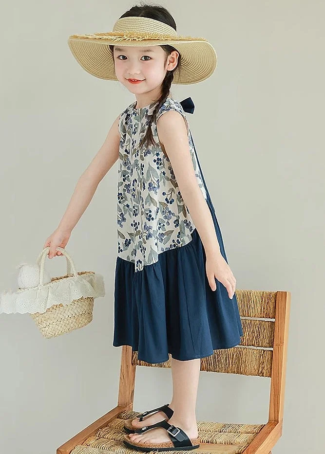 Art Navy O Neck Print Patchwork Cotton Girls Long Dresses Sleeveless