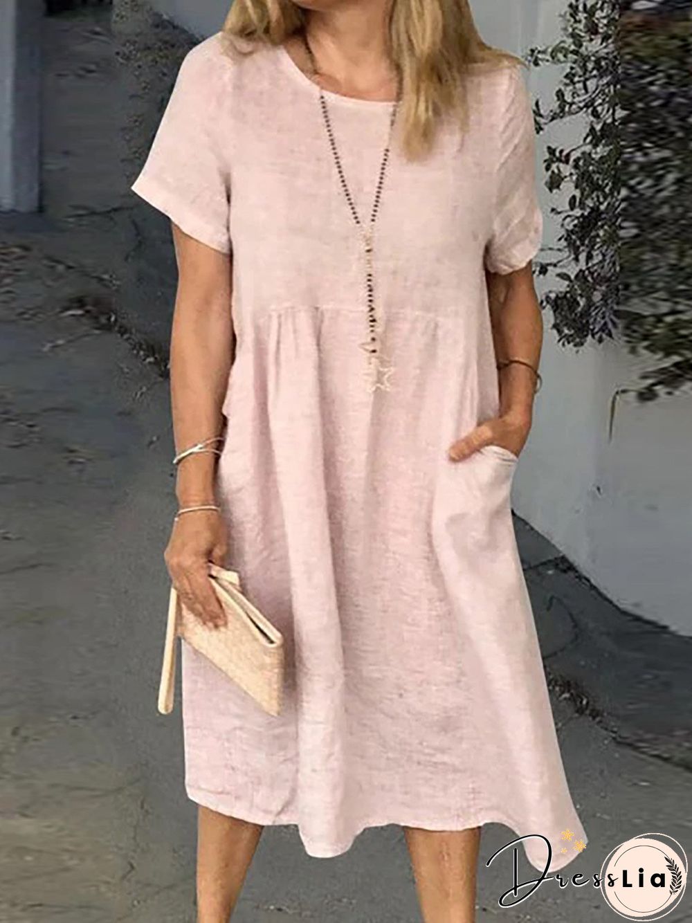 Women'S Dresses Round Neck Short Sleeve Pocket Casual Dress
