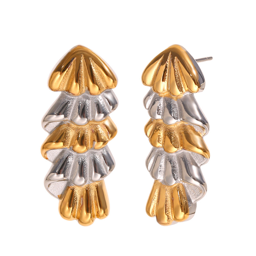 Fashionable French Style Earrings Stainless Steel 18K Gold Plated Christmas Tree Shape Two-Color Earrings