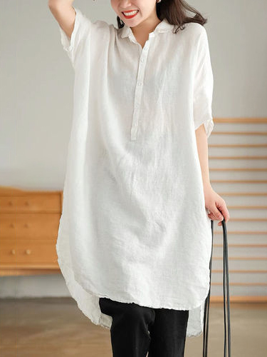Irregular Hem Polo Collar Three Quarter Sleeve Linen Cotton Shirt