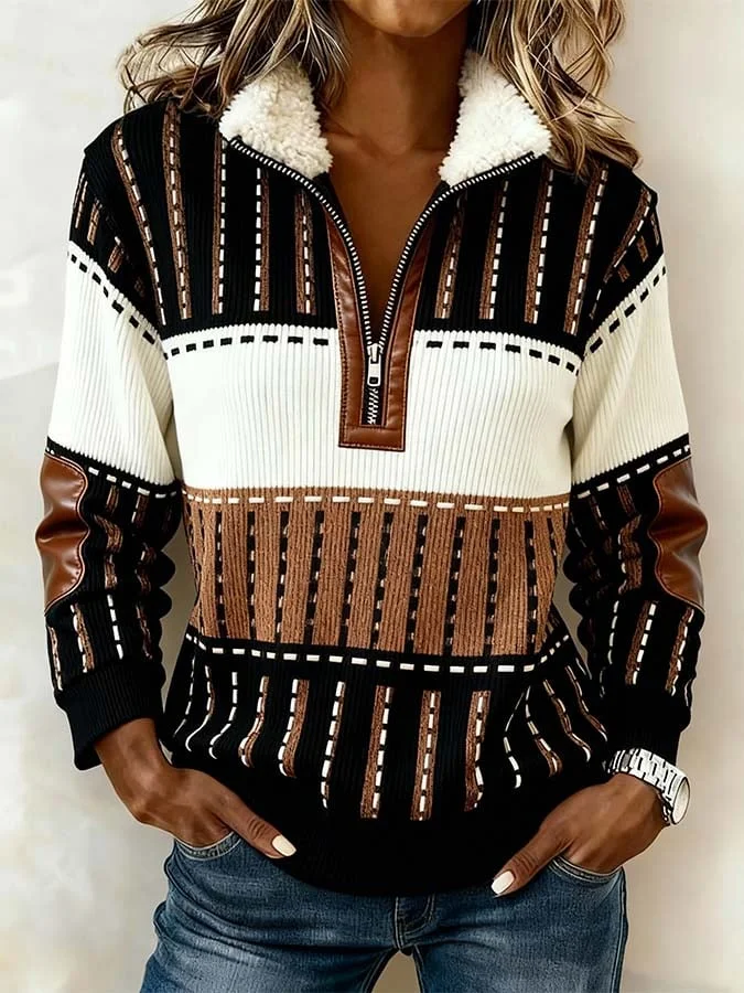 Women'S Casual Loose Color-Blocked Print Sweatshirt 