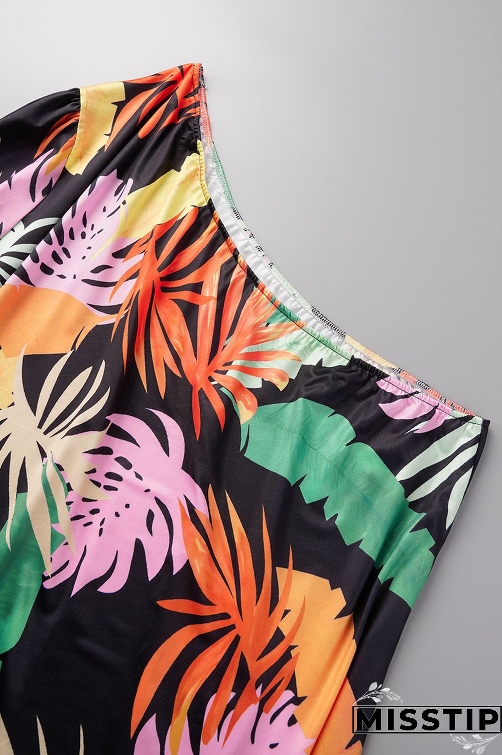 Black Yellow Casual Print Backless Oblique Collar Plus Size Tops