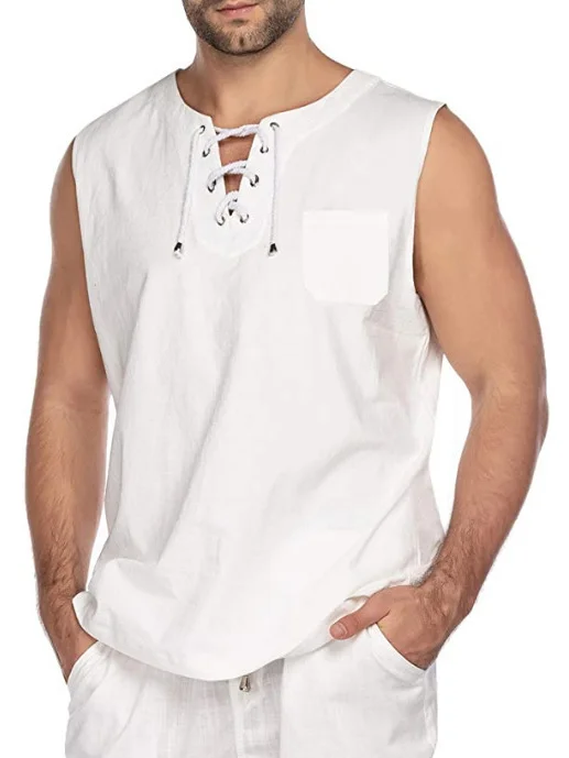 Men's Solid Color Chest Pocket Lace-up Casual Tank Top