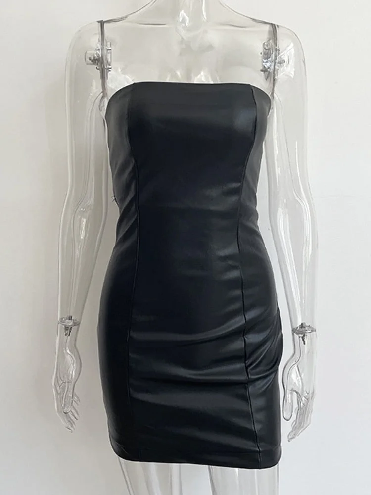 JacuqeLine Summer 2022 Sexy Club Strapless Bodycon Dress Women Mini PU Leather 90s Street Fashion Y2K Party Dresses Backless