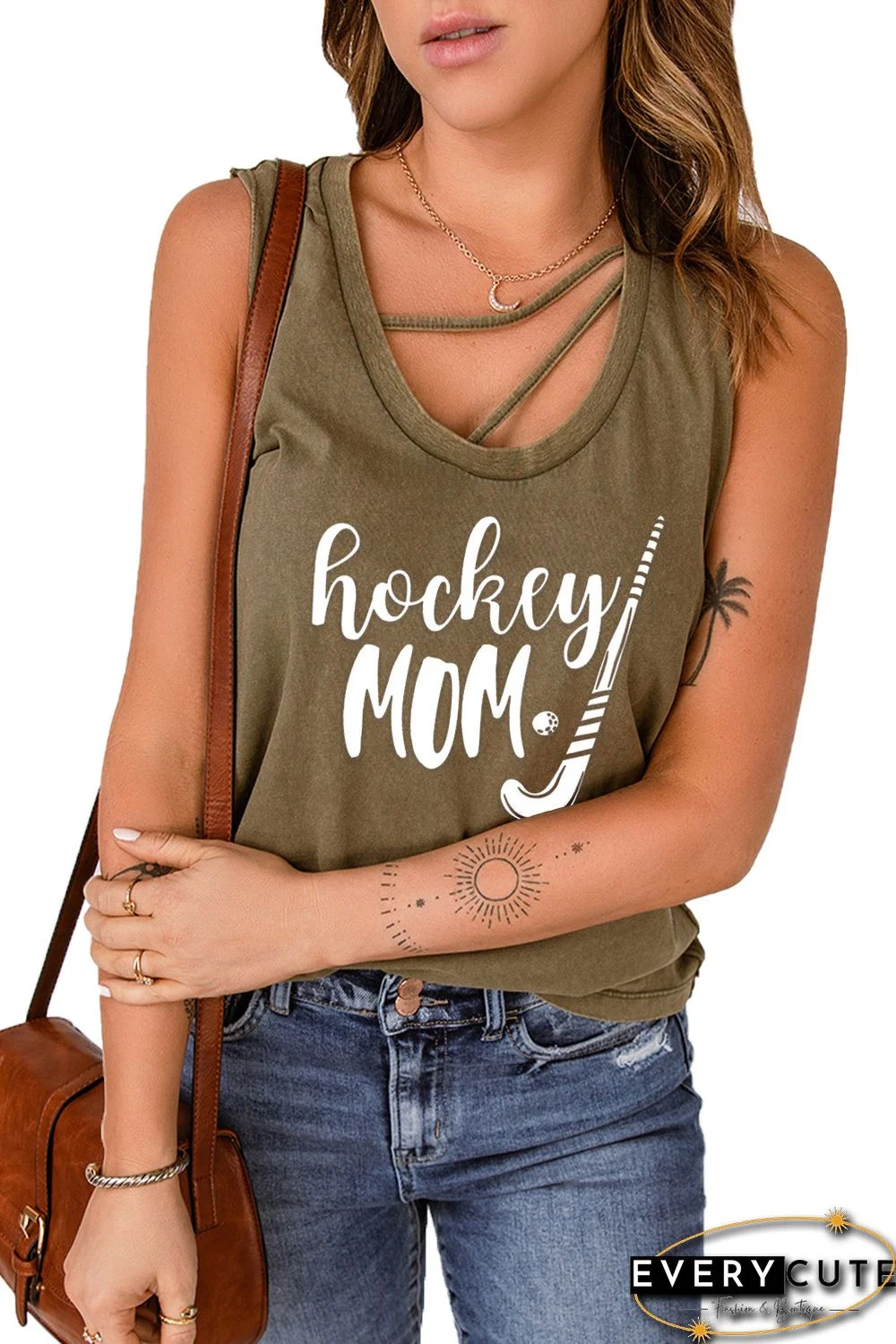 Green Hockey Mom Graphic Print Strappy Tank Top