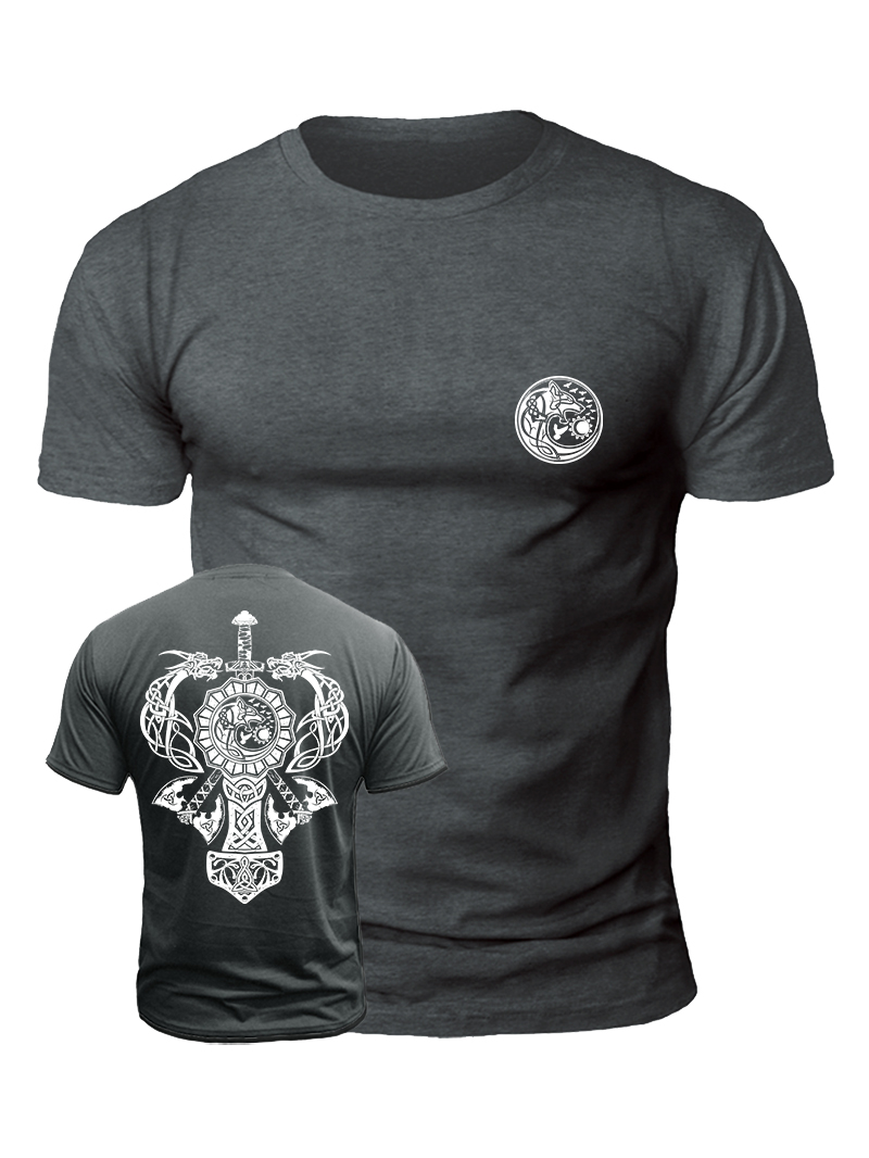 Men's Thor's Hammer Viking Tattoo Print Casual Short Sleeve T-shirt