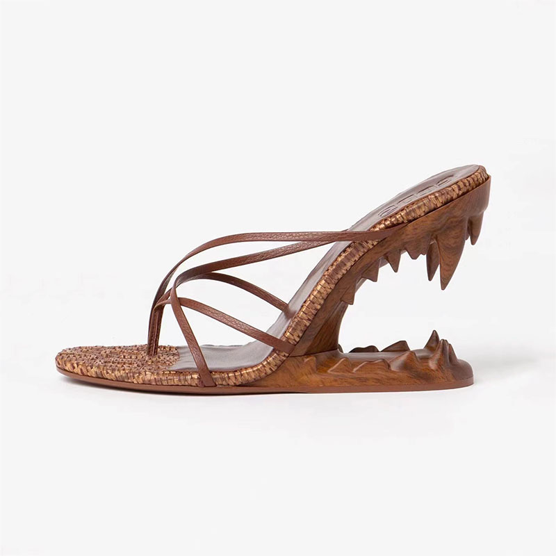 VCSHOES Round Toe Pinch Toe Tiger Tooth Hollow Heel Slippers Fine Ribbon Weaving Super High Heel Flip-flops
