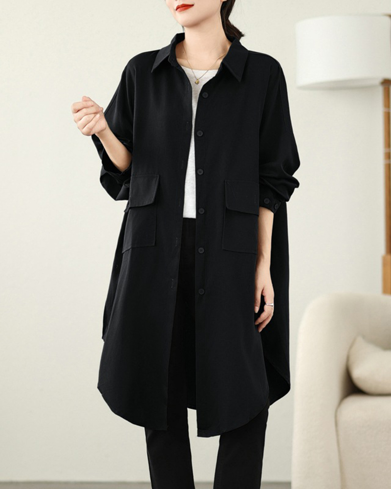 Asymmetric Hem Single Breasted Long Sleeve Loose Solid Color Shirt