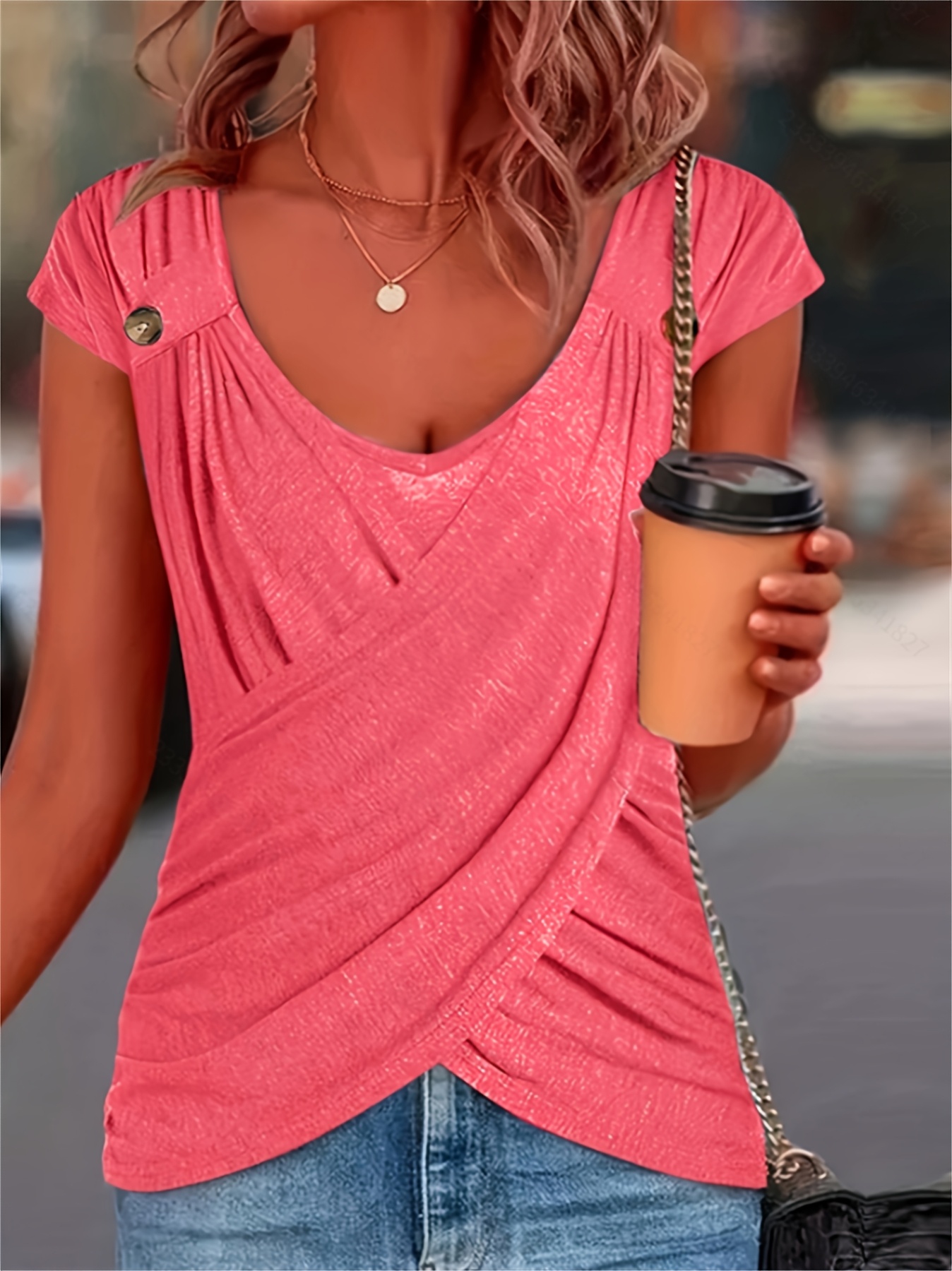 Ruched Button Decor Crewneck T-Shirt Casual Short Sleeve Top For Spring Summer Womens | IFYHOME