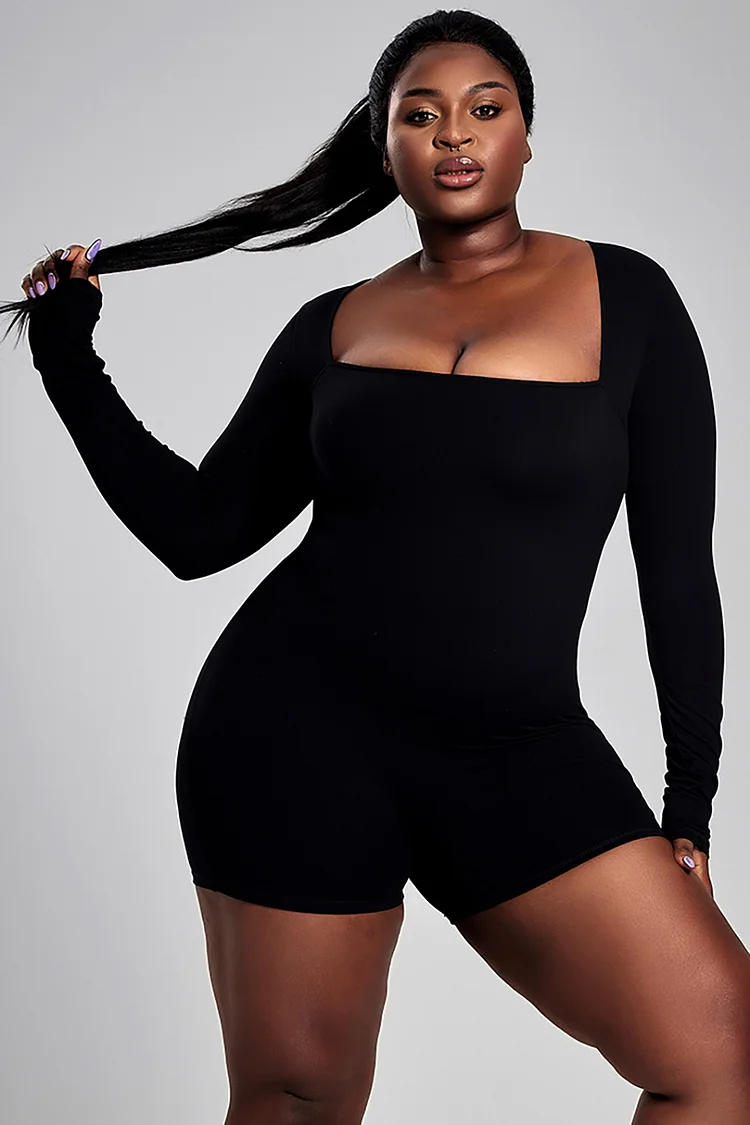 Xpluswear Design Plus Size Daily Romper Black Long Sleeves Slim Fit Knitted Romper [Pre-Order]