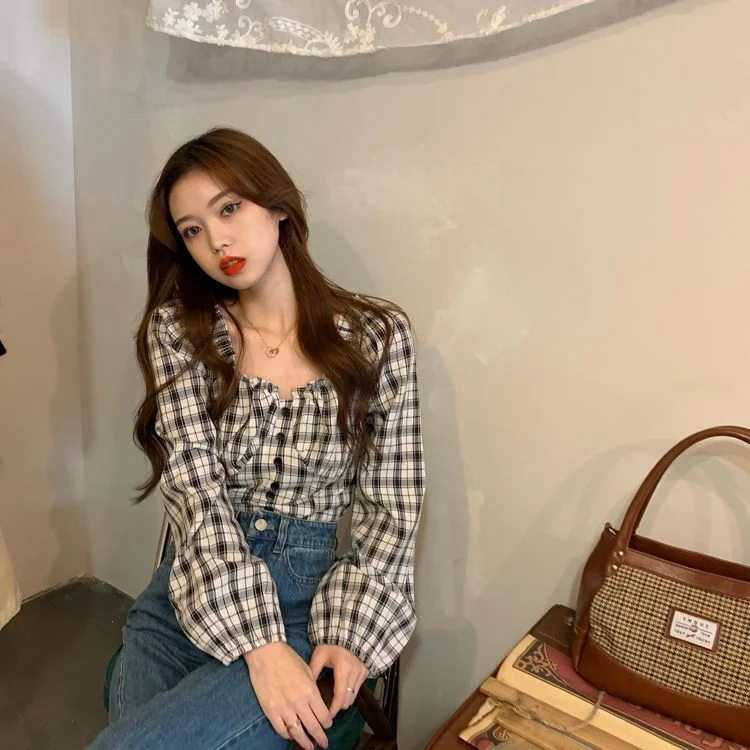 Square Neck Puff Sleeve Plaid Blouse YP3227