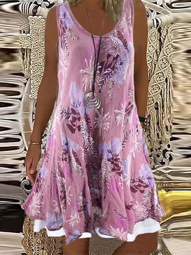 Women's Casual Dress Shift Dress Mini Dress Gray Sleeveless Floral Fake two piece Summer Spring Crew Neck Elegant 2023 5XL